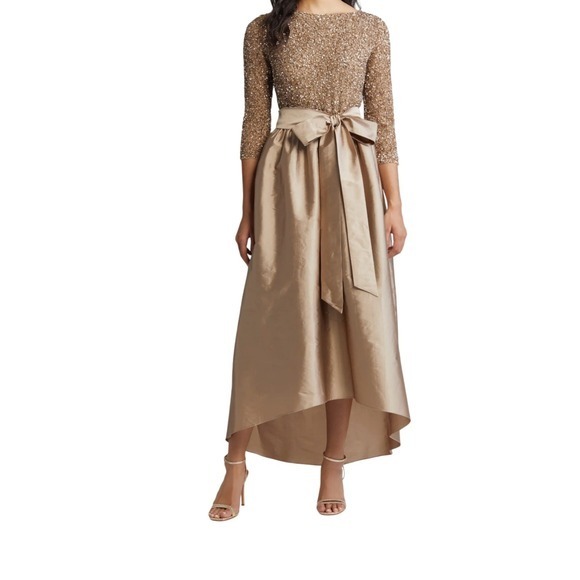 Pisarro Nights Dresses & Skirts - Pisarro Nights Beaded Bodice‎ Taffeta A-Line Gown Sequin Embellished Light Mocha